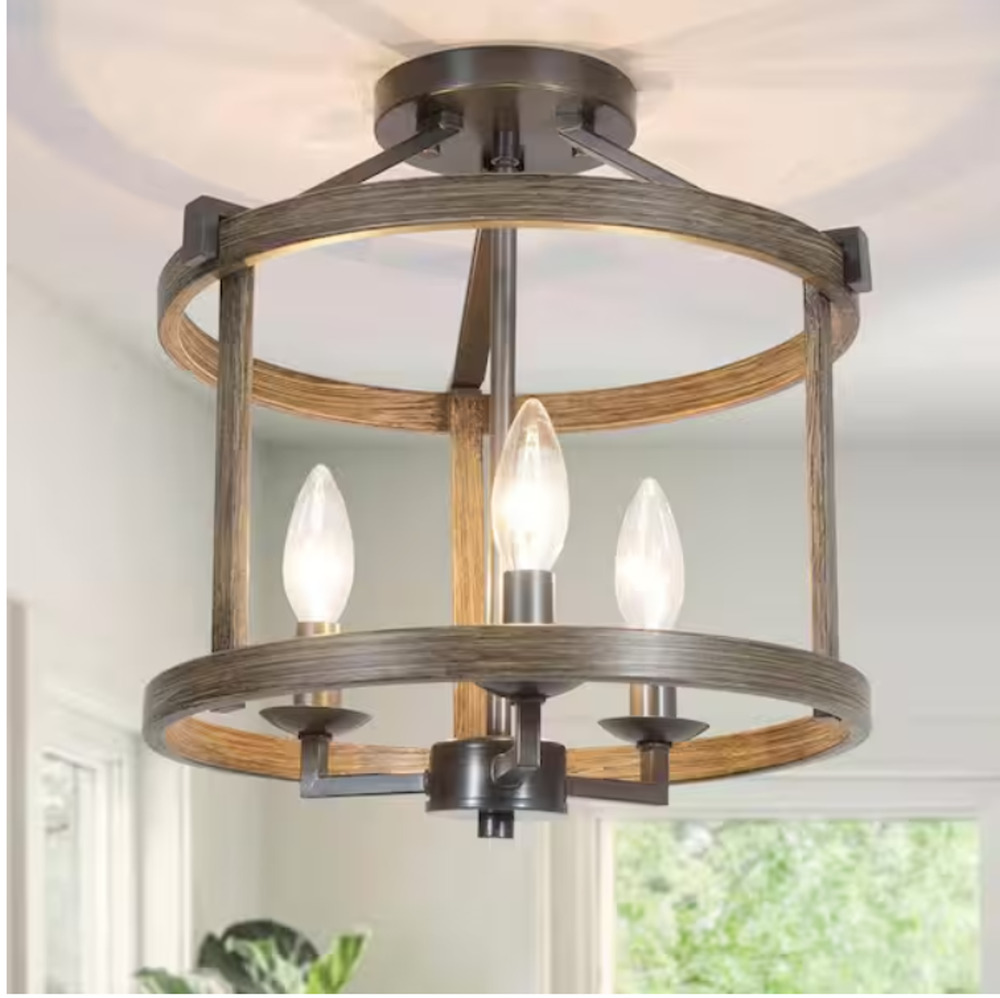 LNC A03411 3-Light Farmhouse Semi Flush Mount Ceiling Light Faux Wood Brown 12"